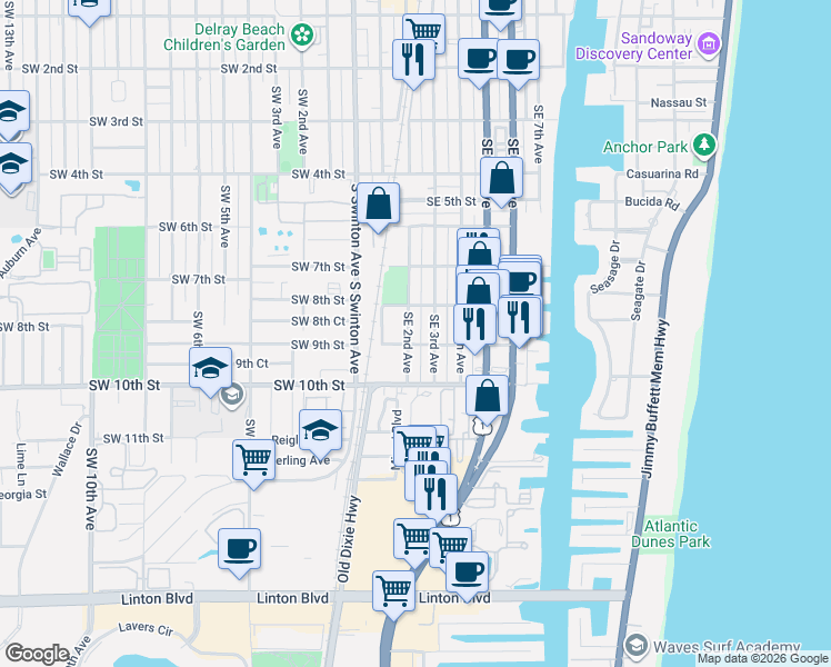 map of restaurants, bars, coffee shops, grocery stores, and more near 812 Southeast 3rd Avenue in Delray Beach