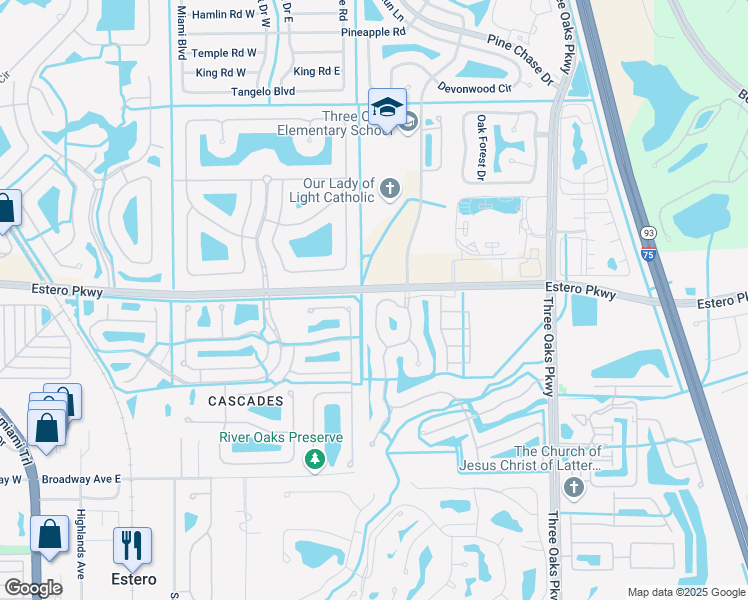 map of restaurants, bars, coffee shops, grocery stores, and more near 20051 Eagle Glen Way in Estero