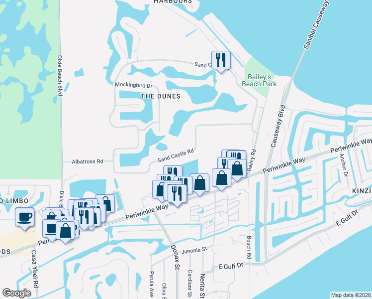 map of restaurants, bars, coffee shops, grocery stores, and more near 1201 Sand Castle Road in Sanibel