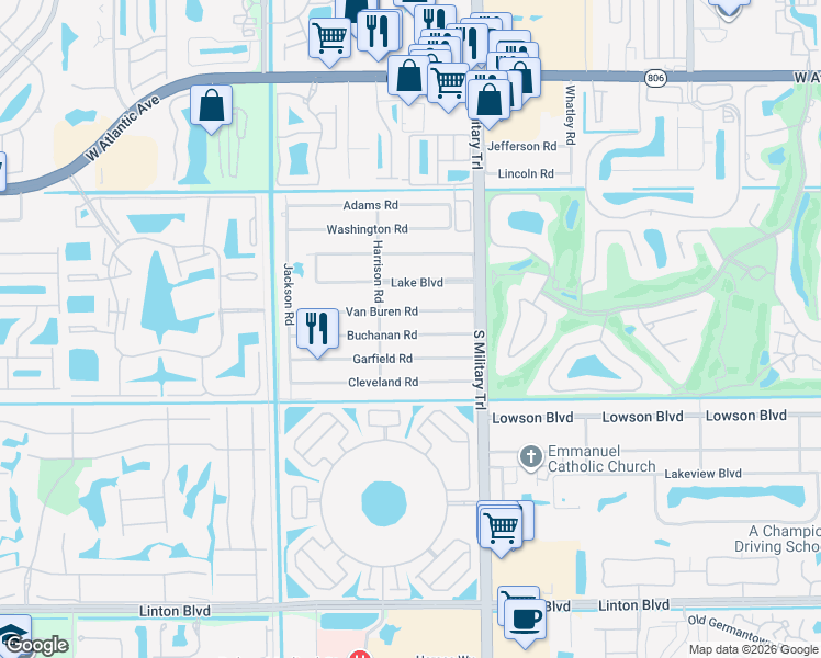 map of restaurants, bars, coffee shops, grocery stores, and more near 5173 Buchanan Road in Delray Beach