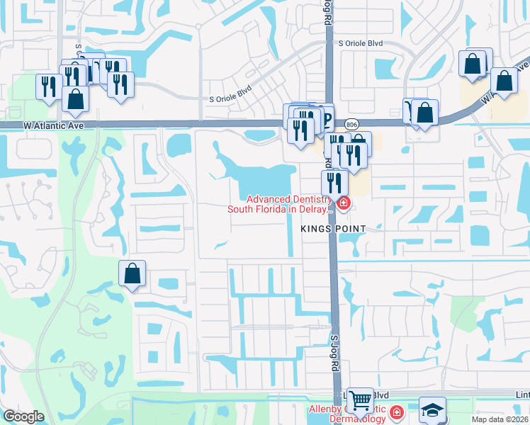 map of restaurants, bars, coffee shops, grocery stores, and more near 2A Waterford Way in Delray Beach