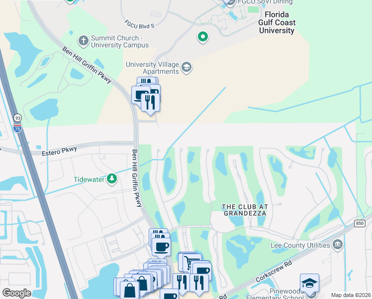 map of restaurants, bars, coffee shops, grocery stores, and more near 20001 Seadale Court in Estero
