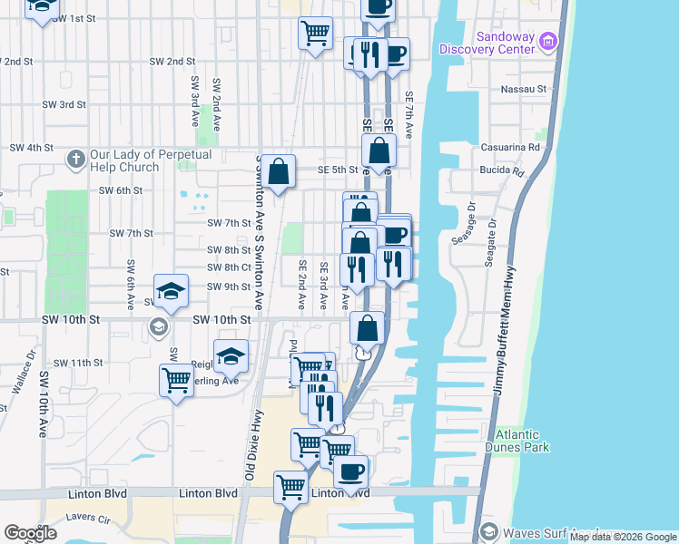 map of restaurants, bars, coffee shops, grocery stores, and more near 801 Southeast 4th Avenue in Delray Beach