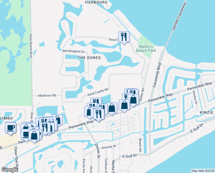 map of restaurants, bars, coffee shops, grocery stores, and more near 1201 Sand Castle Road in Sanibel