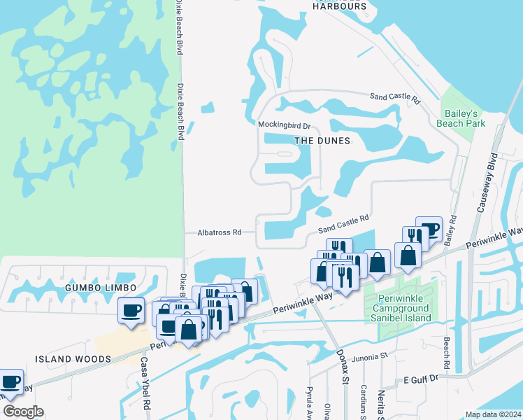 map of restaurants, bars, coffee shops, grocery stores, and more near 1426 Sand Castle Road in Sanibel