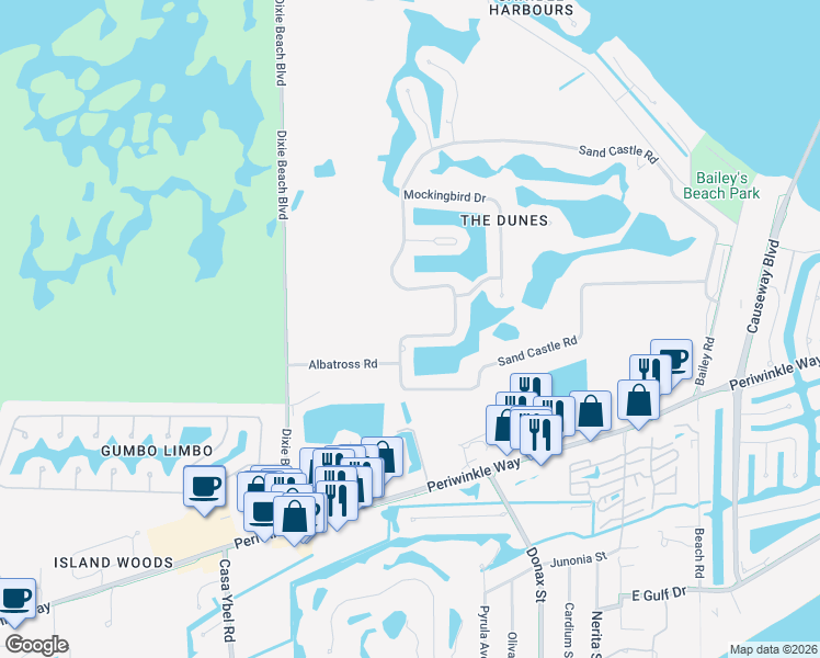 map of restaurants, bars, coffee shops, grocery stores, and more near 1426 Sand Castle Road in Sanibel