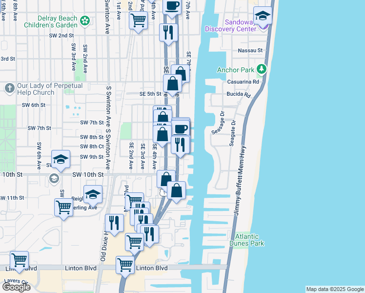 map of restaurants, bars, coffee shops, grocery stores, and more near 551 Southeast 5th Avenue in Delray Beach