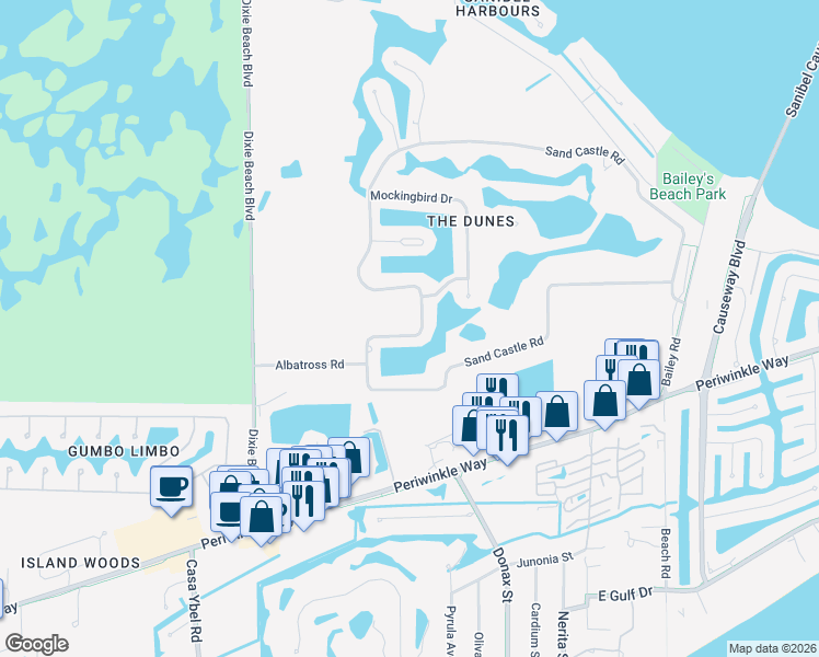 map of restaurants, bars, coffee shops, grocery stores, and more near 1458 Sand Castle Road in Sanibel