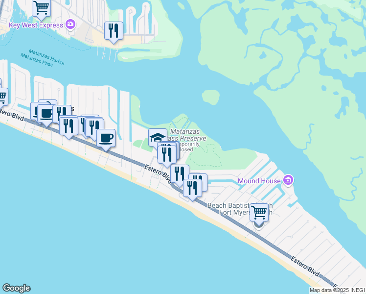 map of restaurants, bars, coffee shops, grocery stores, and more near 309 Nature View Court in Fort Myers Beach