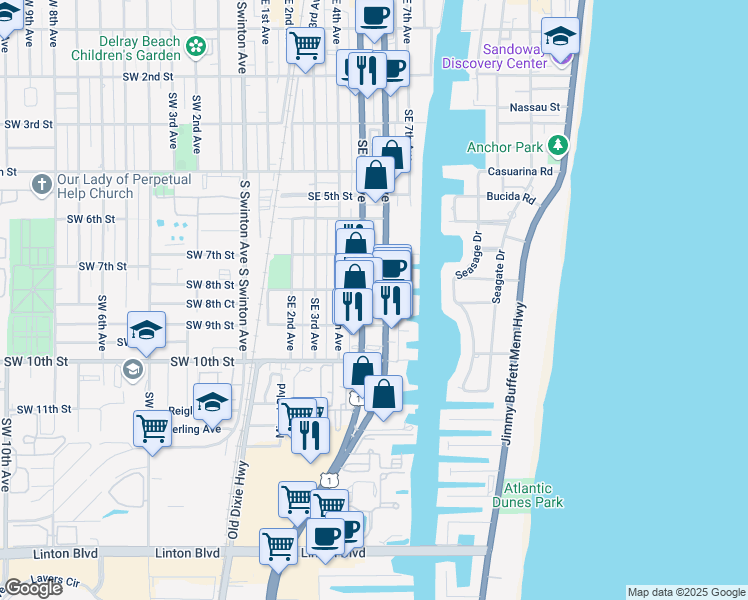 map of restaurants, bars, coffee shops, grocery stores, and more near 551 Southeast 5th Avenue in Delray Beach