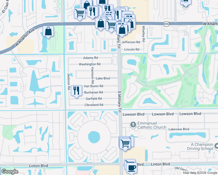 map of restaurants, bars, coffee shops, grocery stores, and more near 5100 Van Buren Road in Delray Beach