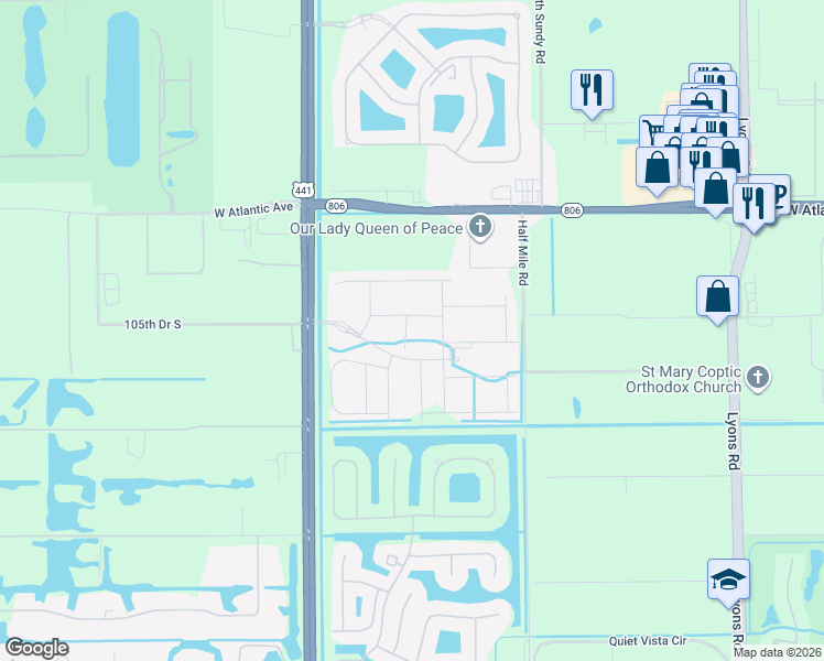 map of restaurants, bars, coffee shops, grocery stores, and more near 15260 Sky Pond Pass in Delray Beach