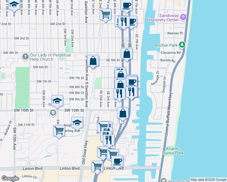map of restaurants, bars, coffee shops, grocery stores, and more near 801 Southeast 4th Avenue in Delray Beach