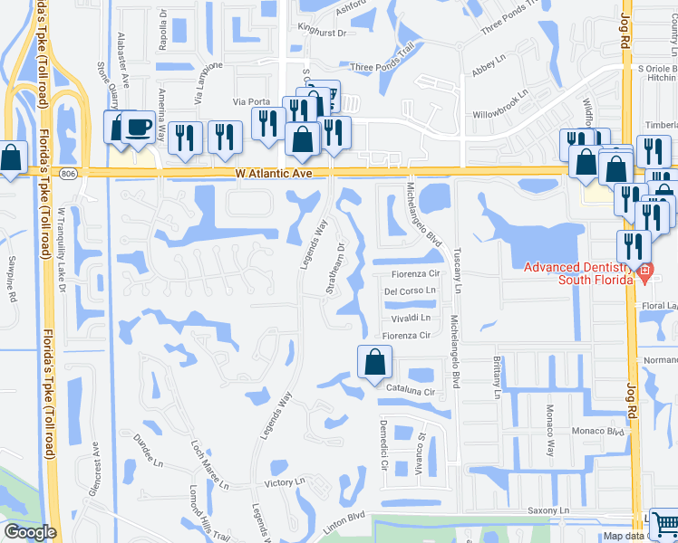 map of restaurants, bars, coffee shops, grocery stores, and more near 15330 Strathearn Drive in Delray Beach