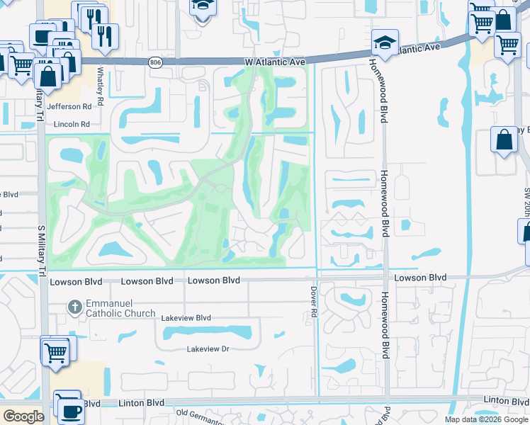 map of restaurants, bars, coffee shops, grocery stores, and more near 743 Pine Lake Drive in Delray Beach