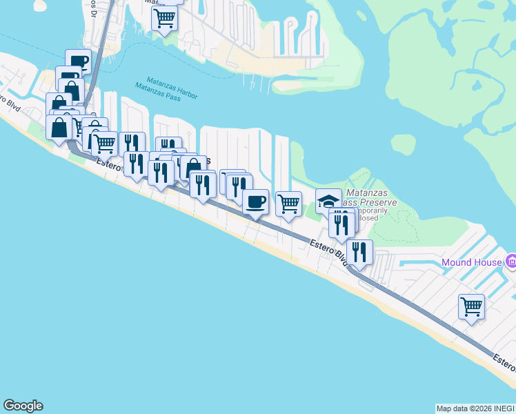 map of restaurants, bars, coffee shops, grocery stores, and more near 139 Chapel Street in Fort Myers Beach