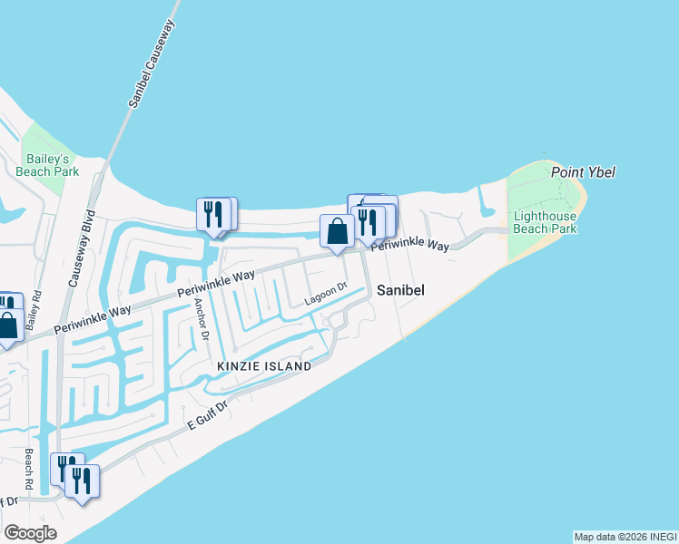 map of restaurants, bars, coffee shops, grocery stores, and more near 427 Lagoon Drive in Sanibel