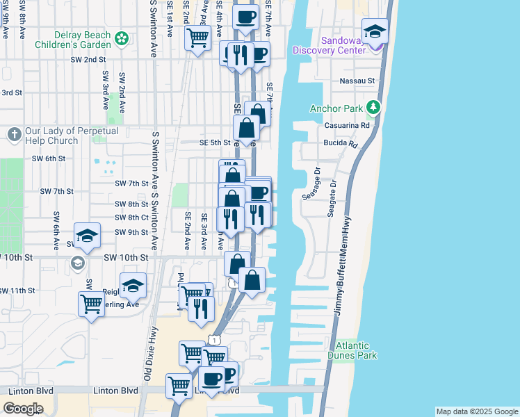 map of restaurants, bars, coffee shops, grocery stores, and more near 551 Southeast 5th Avenue in Delray Beach
