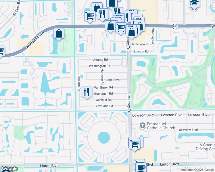 map of restaurants, bars, coffee shops, grocery stores, and more near 5201 Van Buren Road in Delray Beach