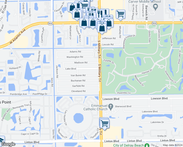 map of restaurants, bars, coffee shops, grocery stores, and more near 5095 Van Buren Road in Delray Beach