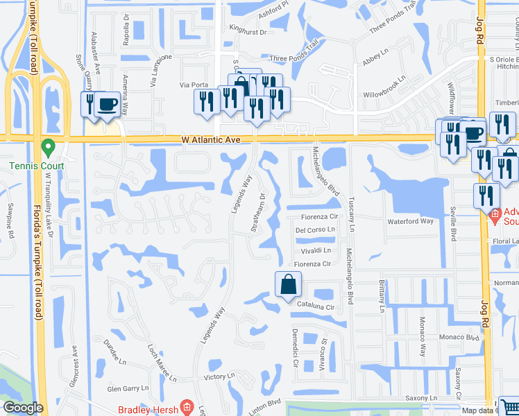 map of restaurants, bars, coffee shops, grocery stores, and more near 15343 Strathearn Drive in Delray Beach