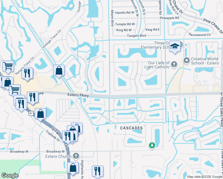 map of restaurants, bars, coffee shops, grocery stores, and more near 19778 Maddelena Circle in Fort Myers
