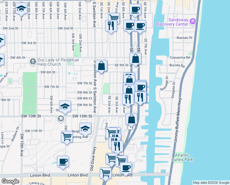 map of restaurants, bars, coffee shops, grocery stores, and more near 812 Southeast 3rd Avenue in Delray Beach