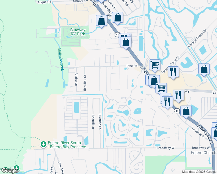 map of restaurants, bars, coffee shops, grocery stores, and more near 19941 Adams Road in Fort Myers