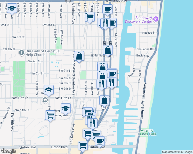 map of restaurants, bars, coffee shops, grocery stores, and more near 801 Southeast 4th Avenue in Delray Beach