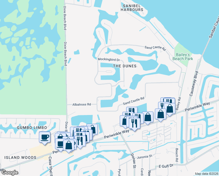 map of restaurants, bars, coffee shops, grocery stores, and more near 1458 Sand Castle Road in Sanibel
