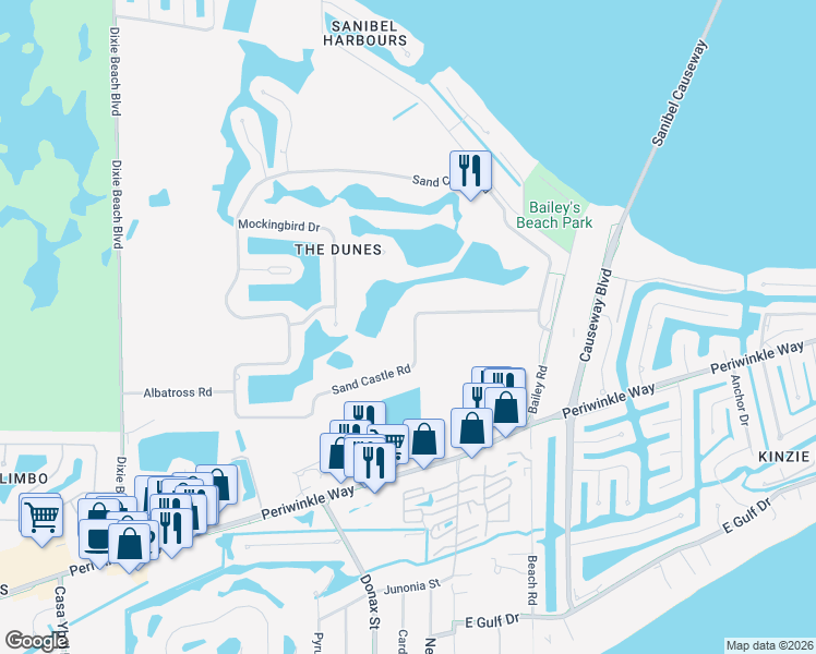 map of restaurants, bars, coffee shops, grocery stores, and more near 1155 Sand Castle Road in Sanibel