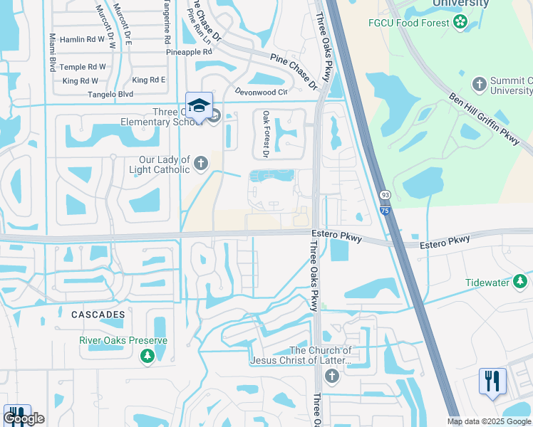 map of restaurants, bars, coffee shops, grocery stores, and more near Estero Oaks Drive in Fort Myers
