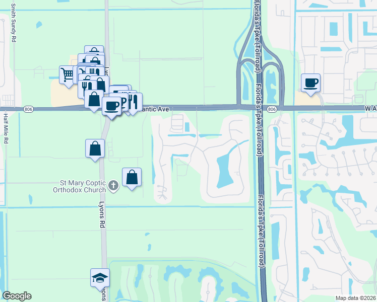 map of restaurants, bars, coffee shops, grocery stores, and more near 8666 Sawpine Road in Delray Beach