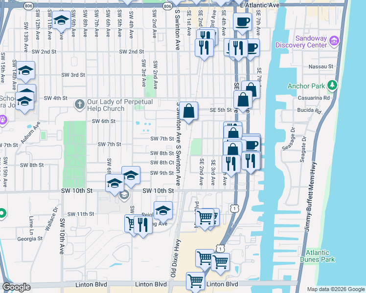 map of restaurants, bars, coffee shops, grocery stores, and more near 101D South Swinton Avenue in Delray Beach