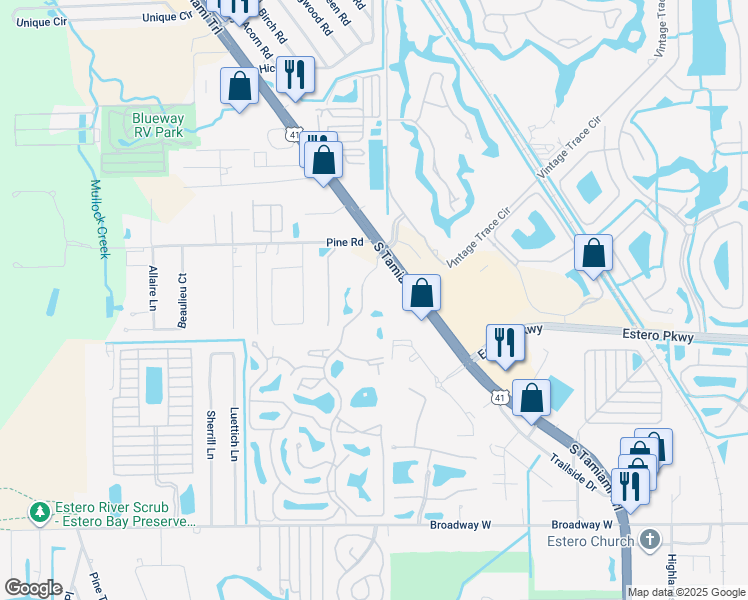 map of restaurants, bars, coffee shops, grocery stores, and more near 19850 Breckenridge Drive in Estero