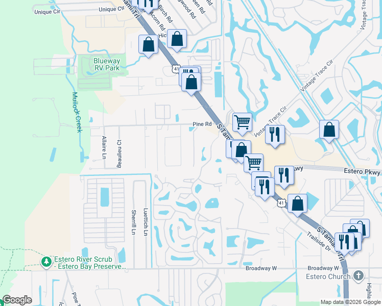 map of restaurants, bars, coffee shops, grocery stores, and more near 19939 Estero Verde Drive in Fort Myers