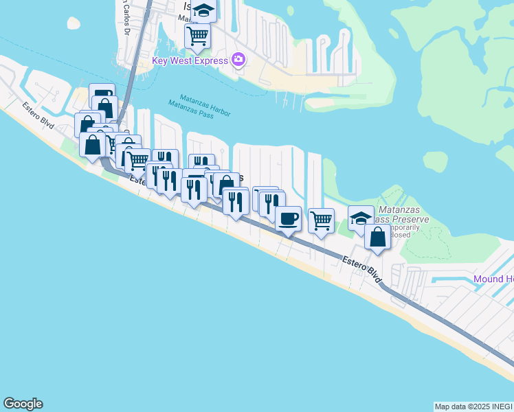 map of restaurants, bars, coffee shops, grocery stores, and more near 211 Fairweather Lane in Fort Myers Beach