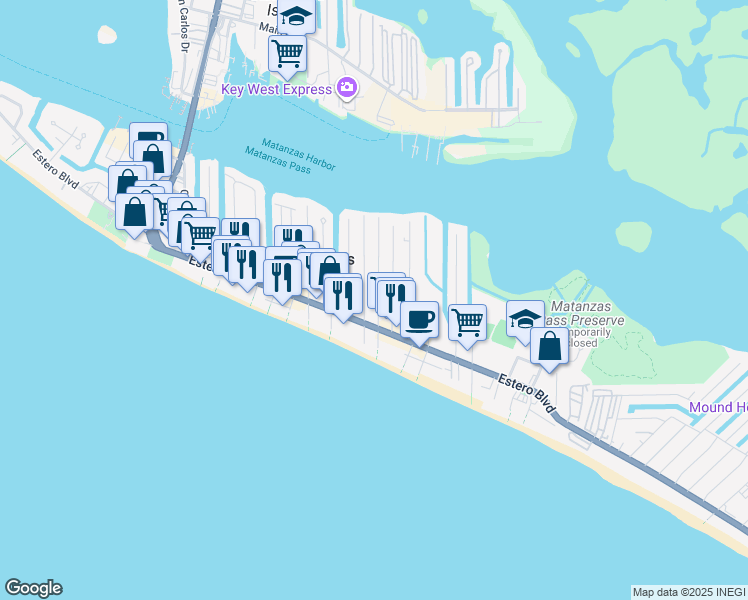 map of restaurants, bars, coffee shops, grocery stores, and more near 211 Fairweather Lane in Fort Myers Beach