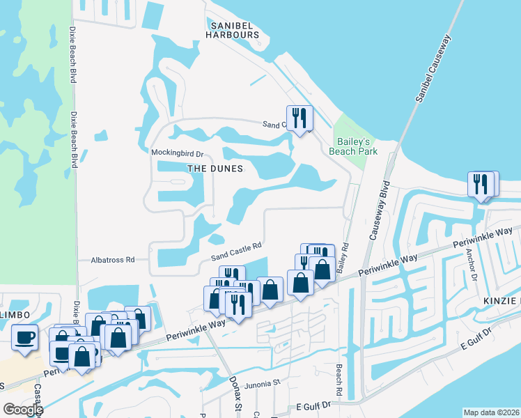 map of restaurants, bars, coffee shops, grocery stores, and more near 1155 Sand Castle Road in Sanibel