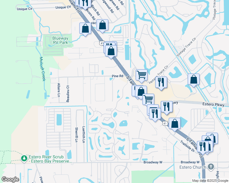 map of restaurants, bars, coffee shops, grocery stores, and more near 19945 Estero Verde Drive in Fort Myers