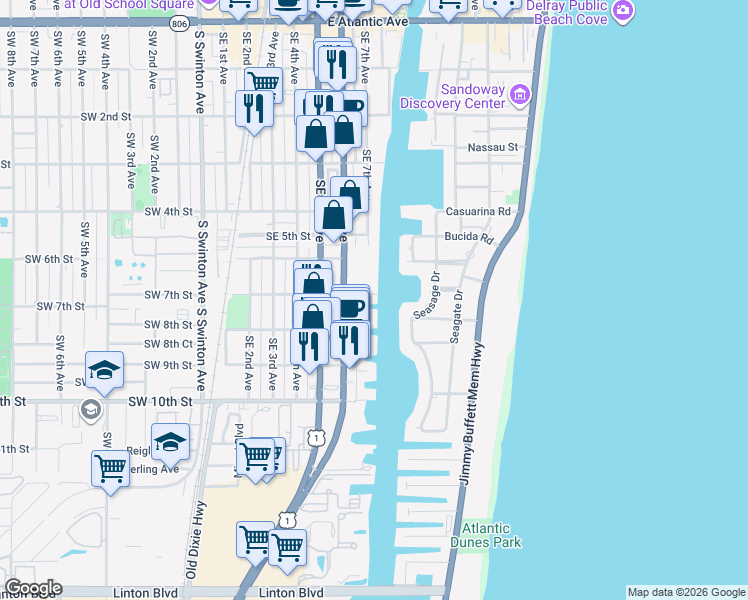 map of restaurants, bars, coffee shops, grocery stores, and more near 718 Southeast 7th Street in Delray Beach