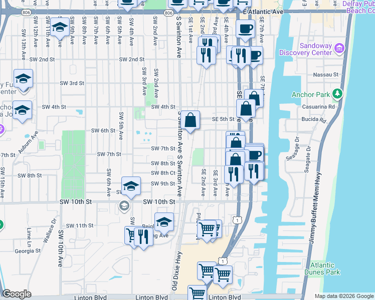 map of restaurants, bars, coffee shops, grocery stores, and more near 101D South Swinton Avenue in Delray Beach