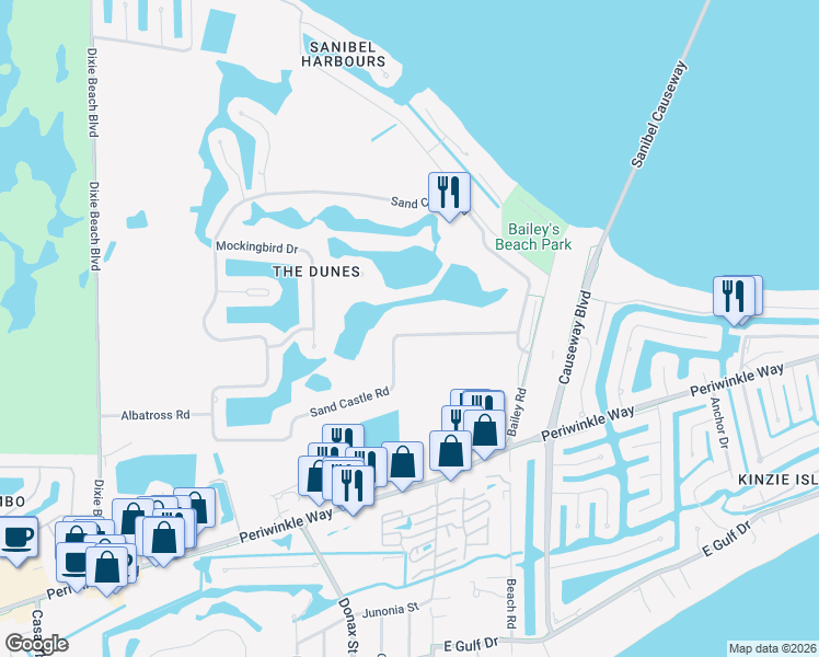 map of restaurants, bars, coffee shops, grocery stores, and more near 1123 Sand Castle Road in Sanibel