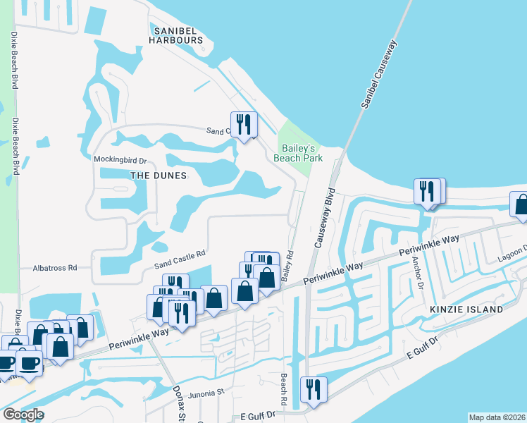 map of restaurants, bars, coffee shops, grocery stores, and more near 1043 Sand Castle Road in Sanibel