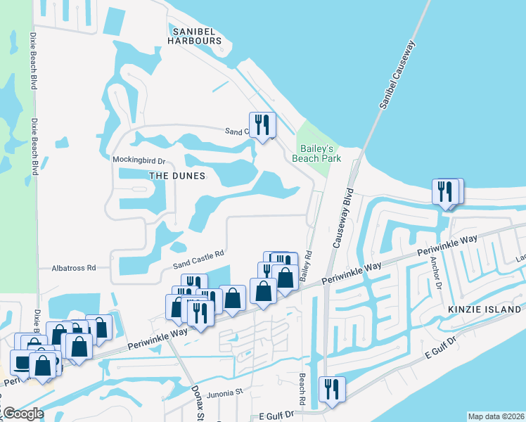 map of restaurants, bars, coffee shops, grocery stores, and more near 1073 Sand Castle Road in Sanibel