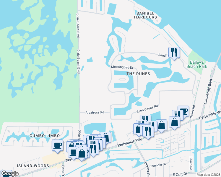 map of restaurants, bars, coffee shops, grocery stores, and more near 1529 Sand Castle Road in Sanibel
