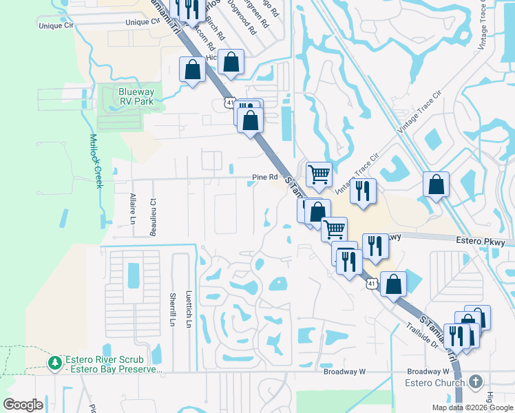 map of restaurants, bars, coffee shops, grocery stores, and more near 19939 Estero Verde Drive in Fort Myers