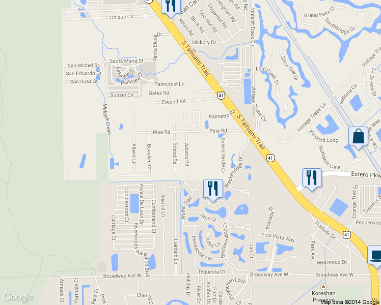 map of restaurants, bars, coffee shops, grocery stores, and more near 19811 Adams Road in Fort Myers
