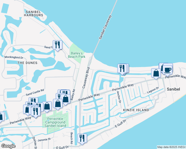 map of restaurants, bars, coffee shops, grocery stores, and more near 1250 Tennis Place Court in Sanibel