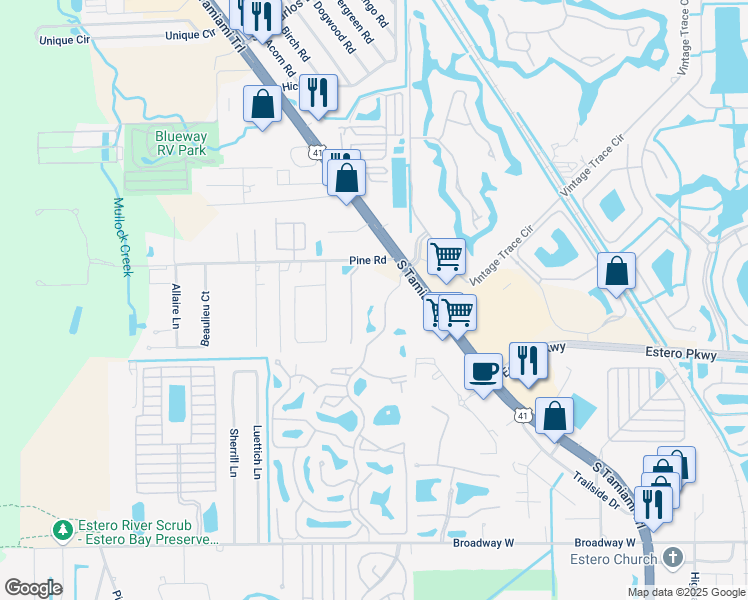 map of restaurants, bars, coffee shops, grocery stores, and more near 19939 Estero Verde Drive in Fort Myers